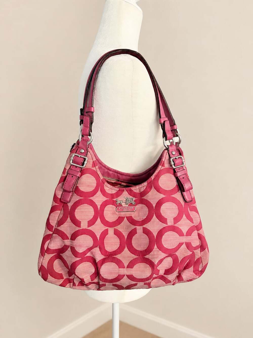 Coach Madison Maggie Op Art Signature Cherry Pink Bambo Pattern Satchel Tote Bag